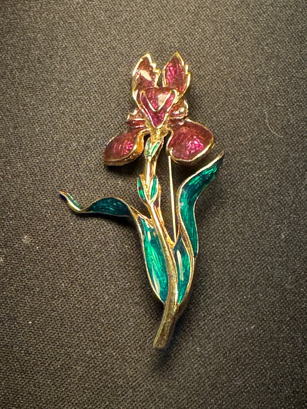 Vintage Iris Flower Purple Green Enamel Petals Brooch